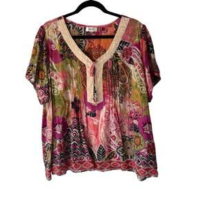 Dressbarn Y2k 3X‎ Boho Floral Paisley Blouse Multicolor Short Sleeve Cotton Top